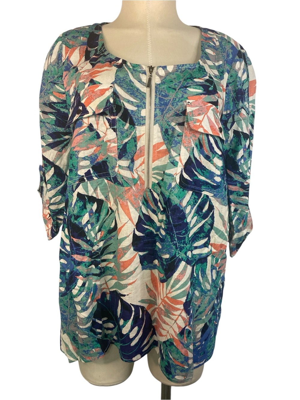 Dana Buchman Tropical Leaf Zip-Front Linen Blend in Blue Green Pink Women’s XL